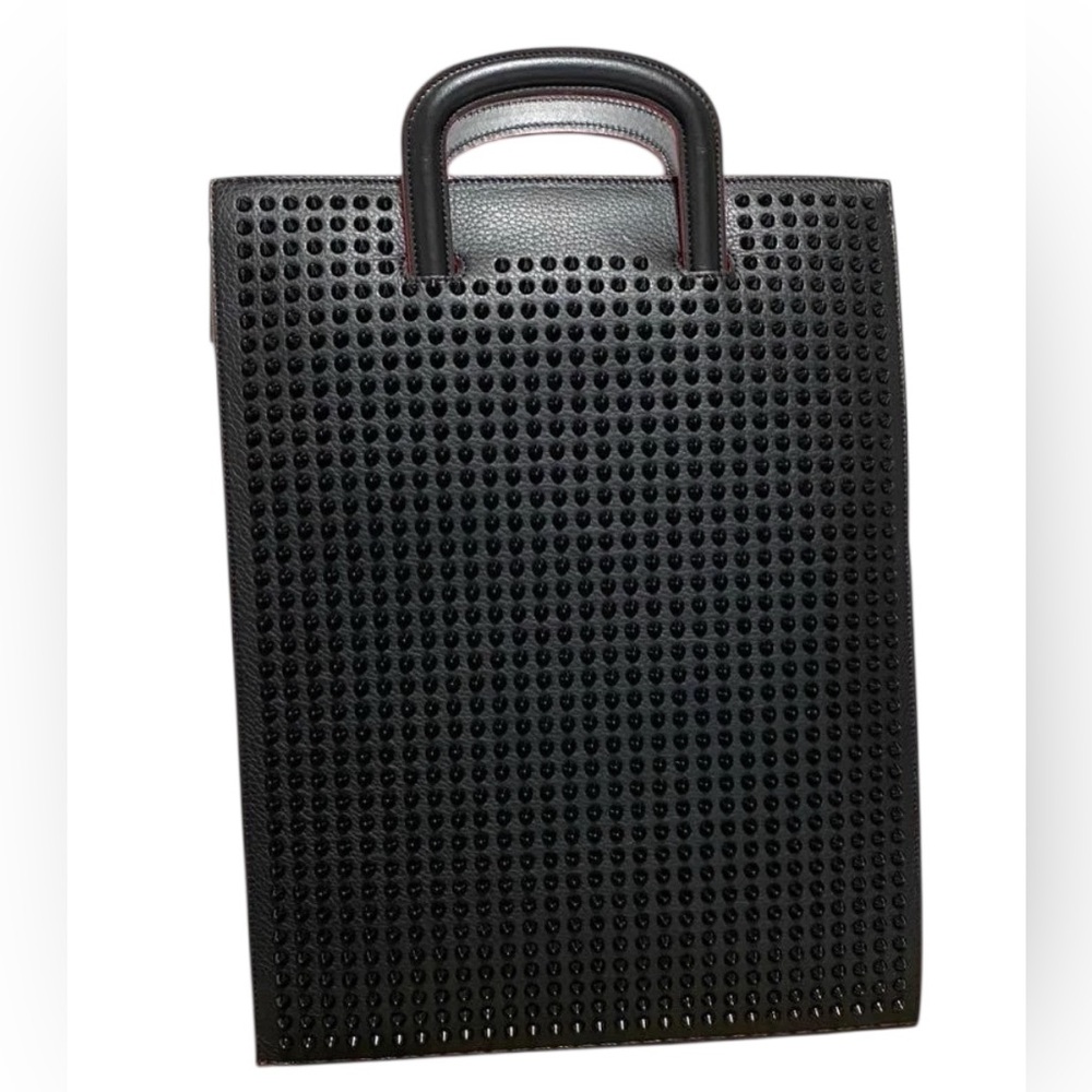 Christian Louboutin Hand Bag Black Leather Trick Track Spike Stud Clutch Bag